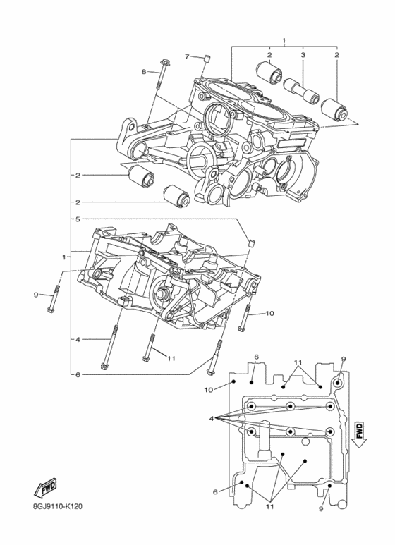 Схема узла «Картер» Yamaha Прочие модификации PZ50/ RPZ50 2007–2017: детали разнесены и пронумерованы выносками