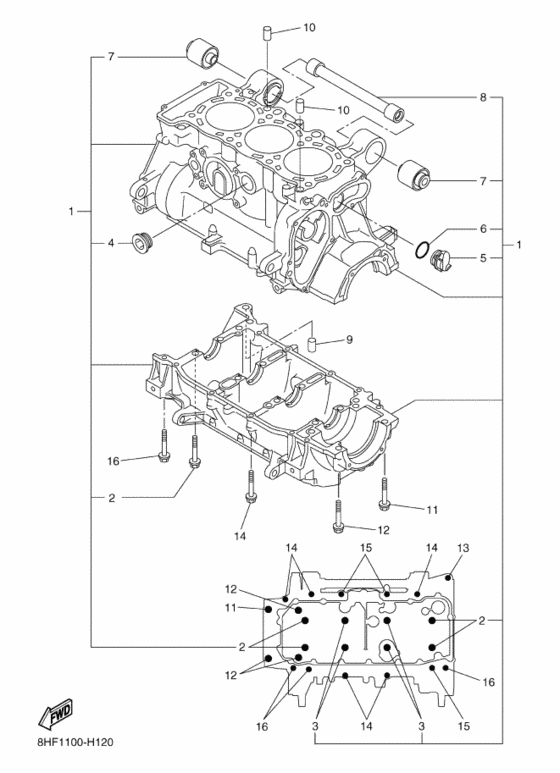 Схема узла «Картер» Yamaha Прочие модификации RS10/RS90/RST90/RSG90 2016–2018: детали разнесены и пронумерованы выносками